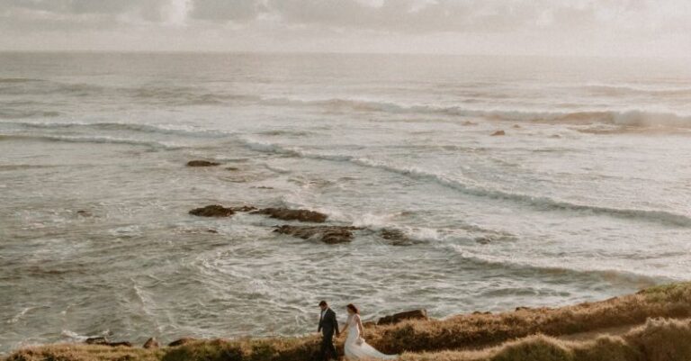 Walks - A bride and groom stand on a cliff overlooking the ocean