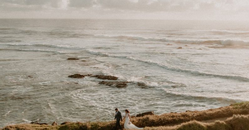 Walks - A bride and groom stand on a cliff overlooking the ocean